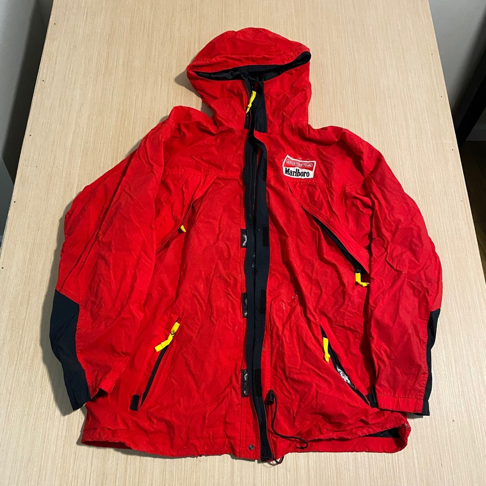 Vintage Marlboro Adventure Team Red Black Hooded Windbreaker Jacket Mens Large